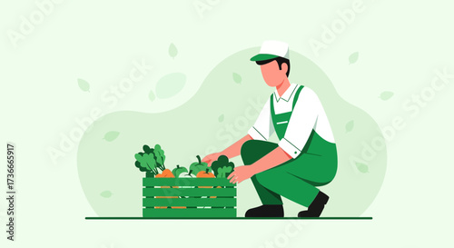 Farmer Examining Fresh Produce in a Wooden Crate, Harvesting and Organic Farming.