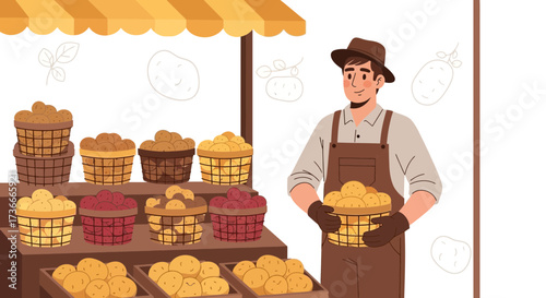 Farmer Displays Harvested Potatoes In A Basket, Featuring A Bustling Market Stall