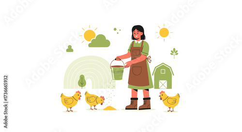 Farmer feeding chickens in a rural setting illustration for agriculture and farming related projects