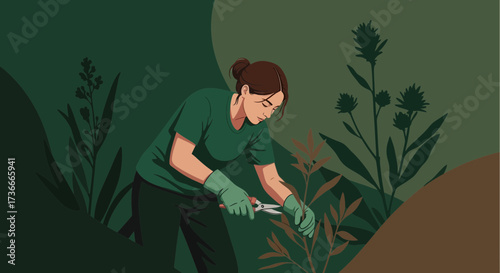 Gardener woman illustration, trimming a plant illustration on dark green background