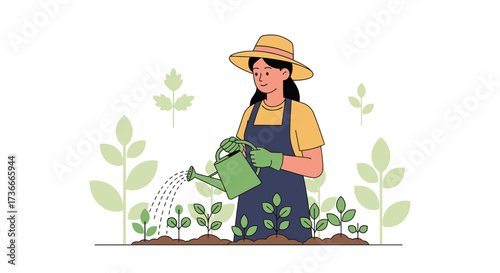 Gardener watering plants illustration in a garden watering the young seedlings in a pot