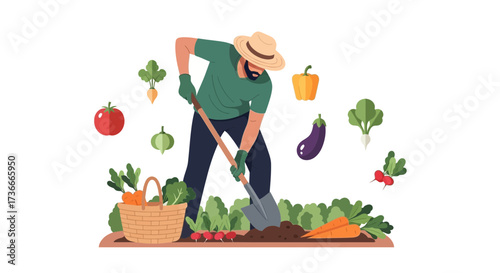 Gardener working in a garden, growing vegetables and harvesting in a healthy lifestyle