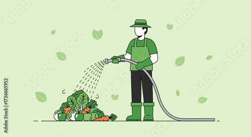 Gardener Watering Harvested Vegetables in a Green, Minimalist Style
