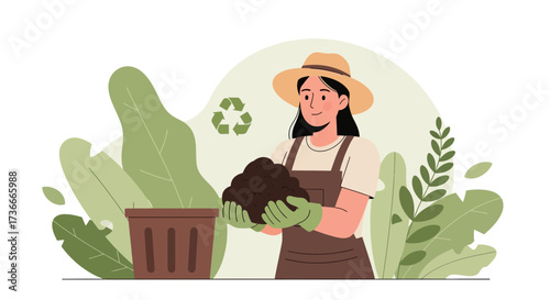 Gardening Enthusiast Preparing Compost in a Sustainable Garden with Flourishing Plants