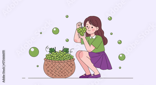 Girl Appreciating Grape Harvest: An Artistic Illustration of Abundance and Viticulture