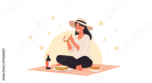 Girl Enjoys Picnic; Eating Sandwich, Drinking Wine, Relaxing Outside, Summer Time