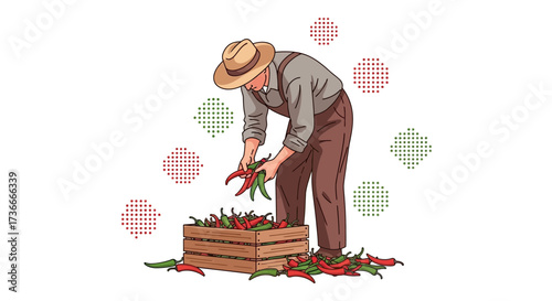 Farmer Harvesting Spicy Peppers in a Wooden Crate on a Bright White Background