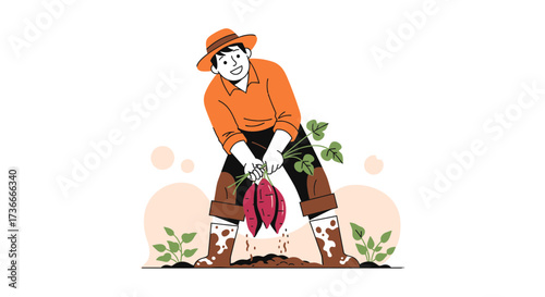 Farmer Harvesting Sweet Potatoes: Joyful Illustration Depicting Agricultural Abundance