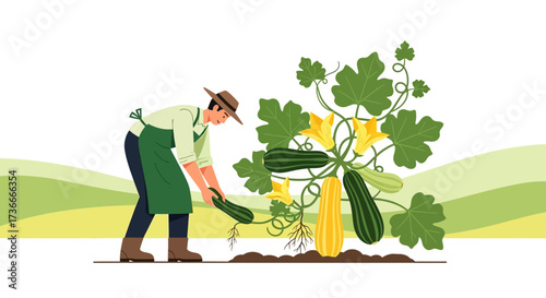 Farmer Harvesting Zucchini in a Garden Illustrating Organic Farming's Pleasant Scene