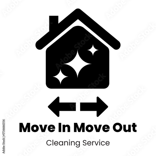 Move in move out cleaning service logo design with sparkling house icon and directional arrows, ideal for home cleaning business branding, marketing, and professional service promotion
