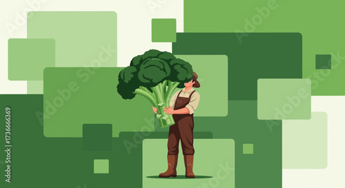 Farmer Holding Enormous Broccoli Against Green Geometric Shapes Background Illustration