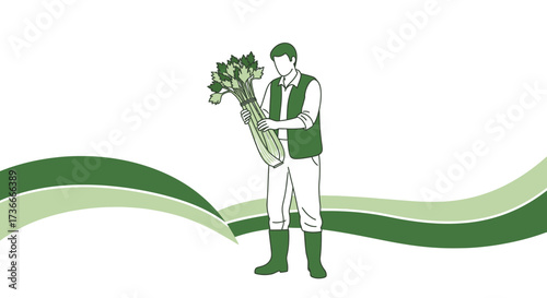 Farmer Holding Fresh Celery Harvest With Green Wave, Clean And Elegant Illustration