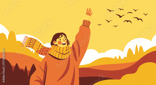 Girl waving goodbye to birds in a beautiful autumn landscape with warm colors