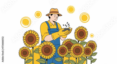 Farmer Inspecting Sunflower Seeds Amongst Flourishing Blossoms in Sunny Field