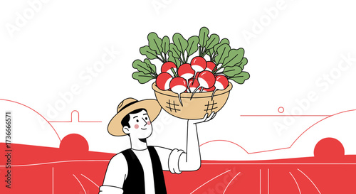 Farmer Joyfully Presenting a Harvest of Vibrant Radishes from a Freshly Tilled Field
