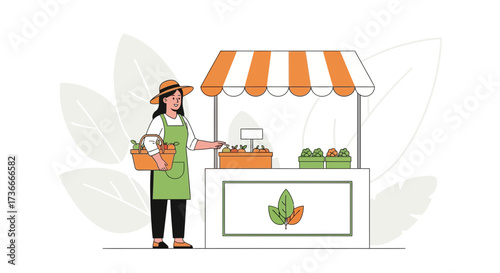 Farmer Offers Fresh Produce at Local Market Stall Under Striped Awning Illustration