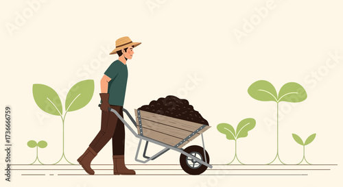 Farmer pushing wheelbarrow with soil for planting in the garden and growing plants