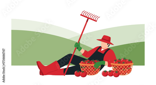 Farmer Relaxes With His Harvest Of Tomatoes After A Day Of Work On The Farm