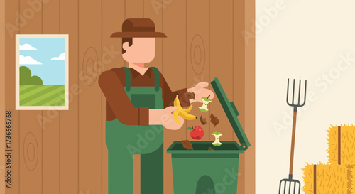 Farmer Recycling Organic Waste into Compost with Fruit and Green Bin Outside of the Barn