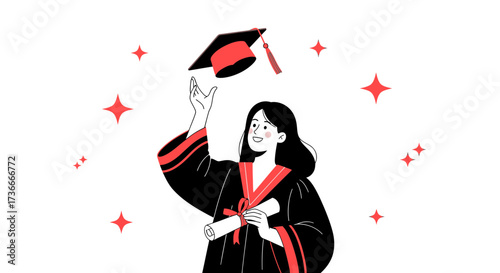 Graduation Celebration with Joyful Student Holding Diploma and Throwing Graduation Cap in Air
