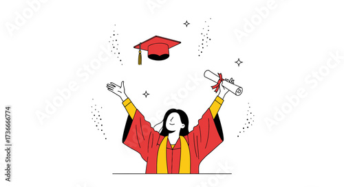 Graduation Celebration with Red Robe and Mortarboard Symbolizing Academic Success