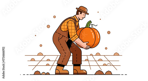 Farmer Transporting A Huge Pumpkin From Field, Harvesting And Autumn Theme Illustration