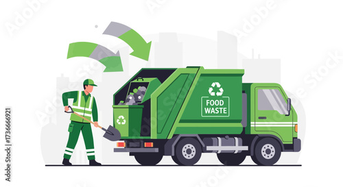 Green Waste Recycling Truck illustration, Environmental Protection and Healthy Planet