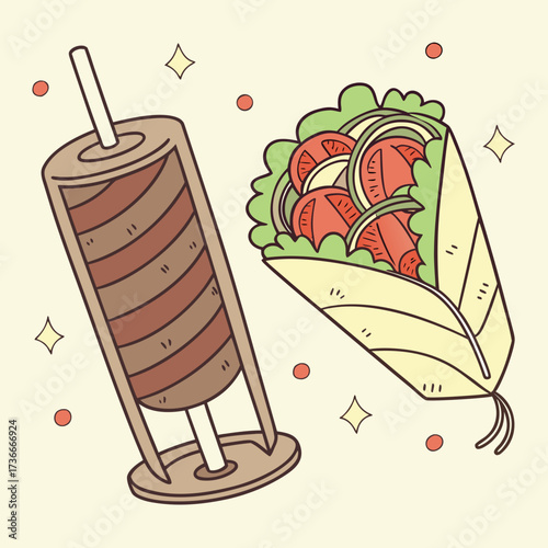 Delicious street food feast featuring a classic gyro wrap and vertical rotisserie meat, perfect for culinary promotions and restaurant marketing.