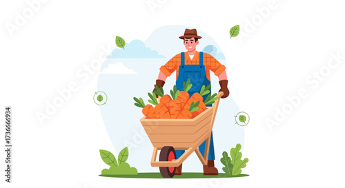 Farmer Transporting Harvested Carrots in Wheelbarrow Depicting Agriculture and Abundance