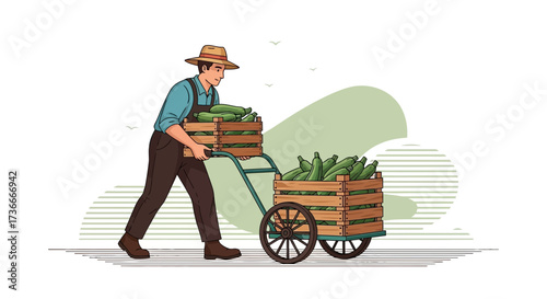 Farmer Transporting Freshly Harvested Zucchinis in a Wooden Cart to the Market