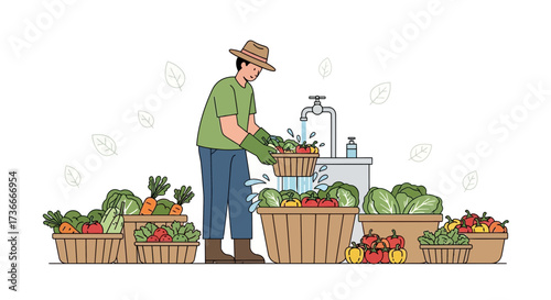 Farmer Washing Freshly Harvested Organic Vegetables Readying Food Preparation Process