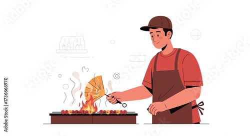 Grilling Illustration: A Chef Tending to Food Over Open Flames with Fan and Skewers