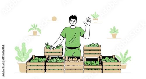 Farmer Welcomes Potential Customers At Farmers Market With Fresh Fruit Stalls