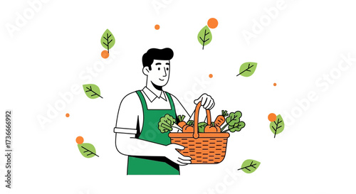 Farmer with basket of fresh vegetables, harvest illustration, healthy eating concept