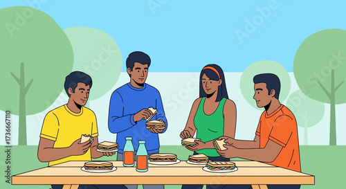Group Eating Sandwiches Outdoors At A Table, Sharing A Meal, Picnic Time With Friends