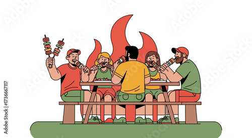 Group Enjoying Food Around a Campfire While Having a Picnic Together