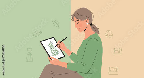 Fashion designer drawing sustainable dress concept on tablet promoting eco-friendly clothing