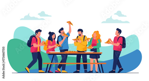 Group Enjoying Pizza Outdoors in a Park Represents Friendship and Community Good Times