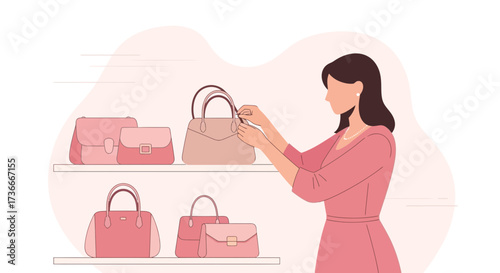 FashionableWoman Choosing Handbag On Shelf With Shopping Style Illustration