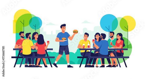 Group Gathering At Picnic, Friendship, Food And Enjoyment Scene For Summer Leisure Activities