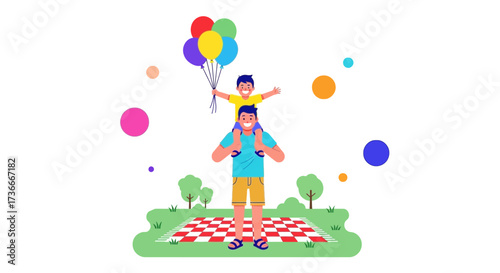 Father And Son Celebrate Outside With Balloons And A Picnic Blanket On A Summer Day