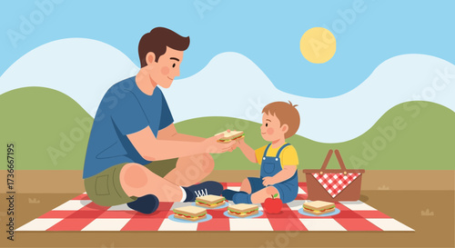Father and Son Having a Picnic in a Park Enjoying Food and Quality Time
