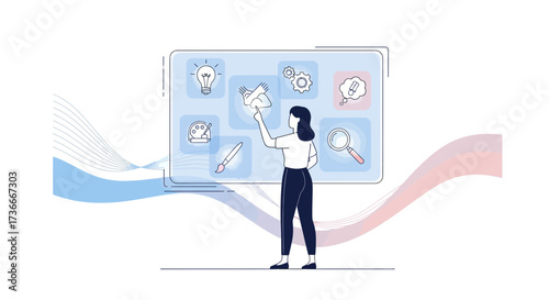 Female Interacting With Futuristic Digital Interface For Exploration And Conceptualization Purposes