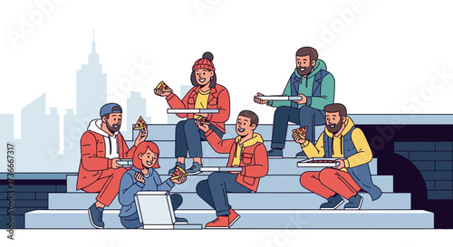 Group Of Diverse Friends Eating Pizza On Steps Enjoying Together Outdoors
