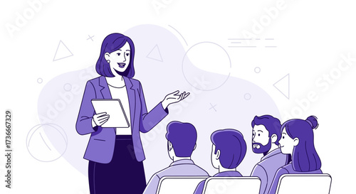 Female Presenter Addresses Audience During A Business Conference In A Modern Illustration