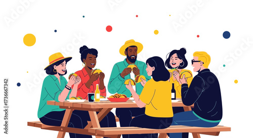 Group Of Diverse Friends Enjoying Tacos And Refreshments Together Outdoors