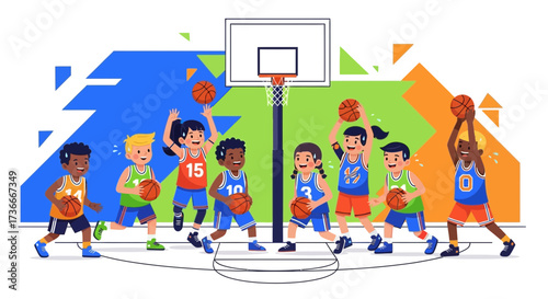 Group of Diverse Kids Playing Basketball Together Cheerful Sports Illustration