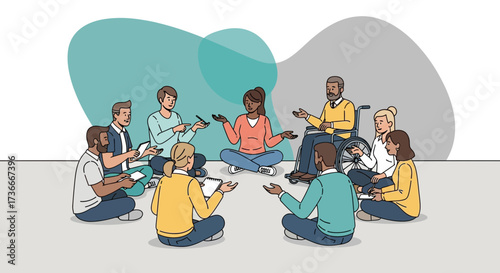 Group of Diverse People in Circle, Discussing Ideas and Listening With Each Others