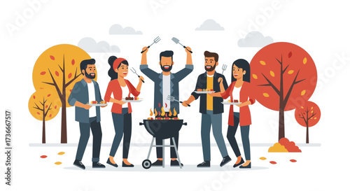 Group of friends celebrating autumn with a joyful barbecue party illustration