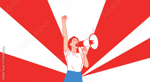 Female Vocalizing Message Of Protest Through Megaphone Against Radial Vector Background